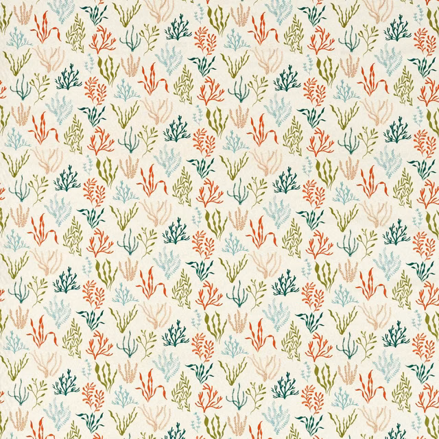 Coral, olive, teal and sage seaweed motifs on a pale mineral ground