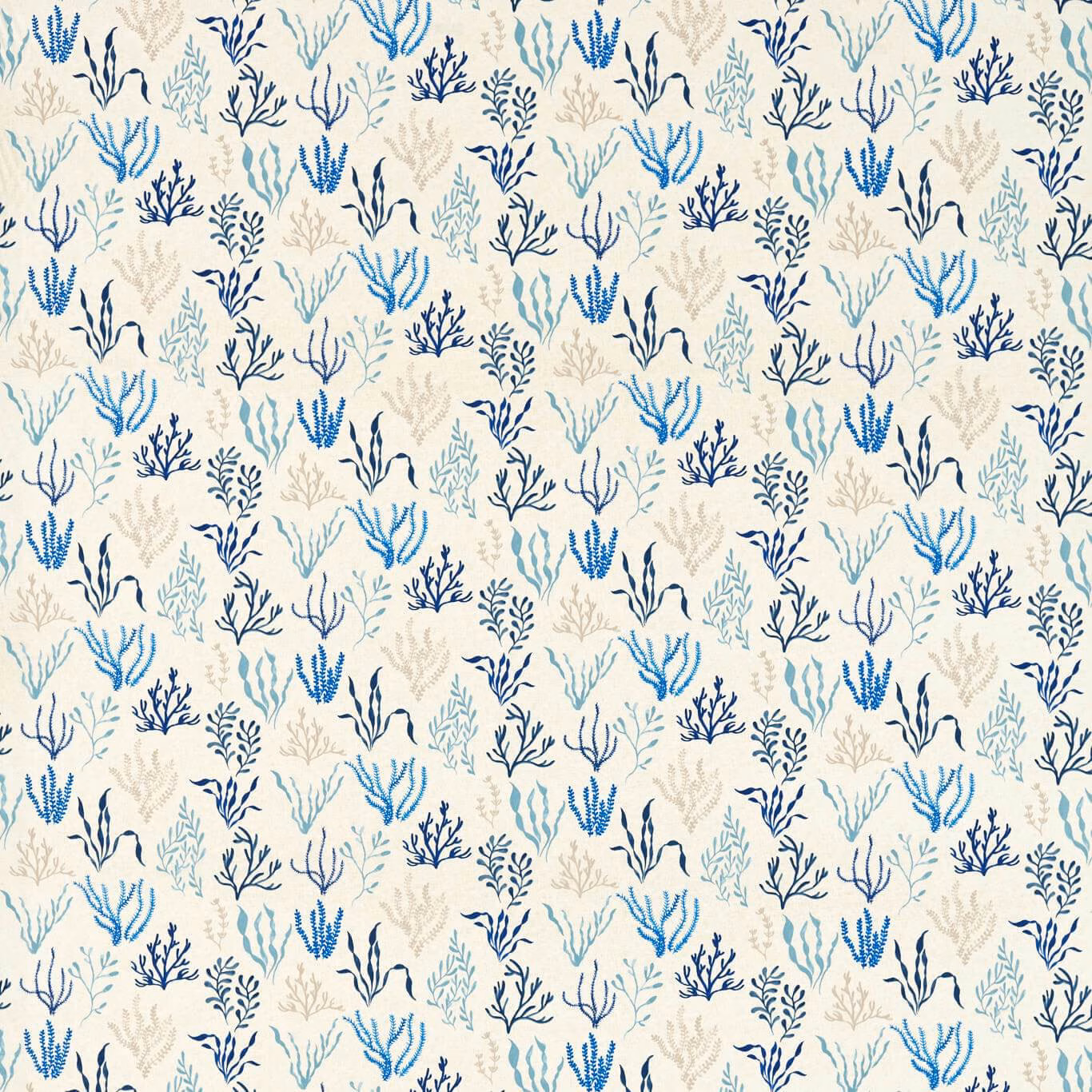 Ivory fabric with navy, aqua and pale blue coral-like botanical sprigs