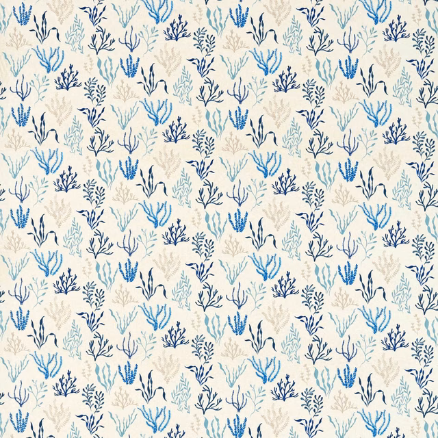 Ivory fabric with navy, aqua and pale blue coral-like botanical sprigs