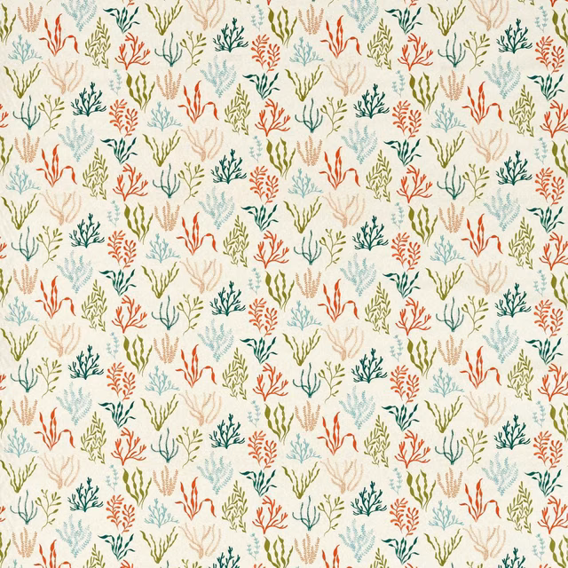 Cream fabric with coral, teal, olive and aqua branching botanical motifs