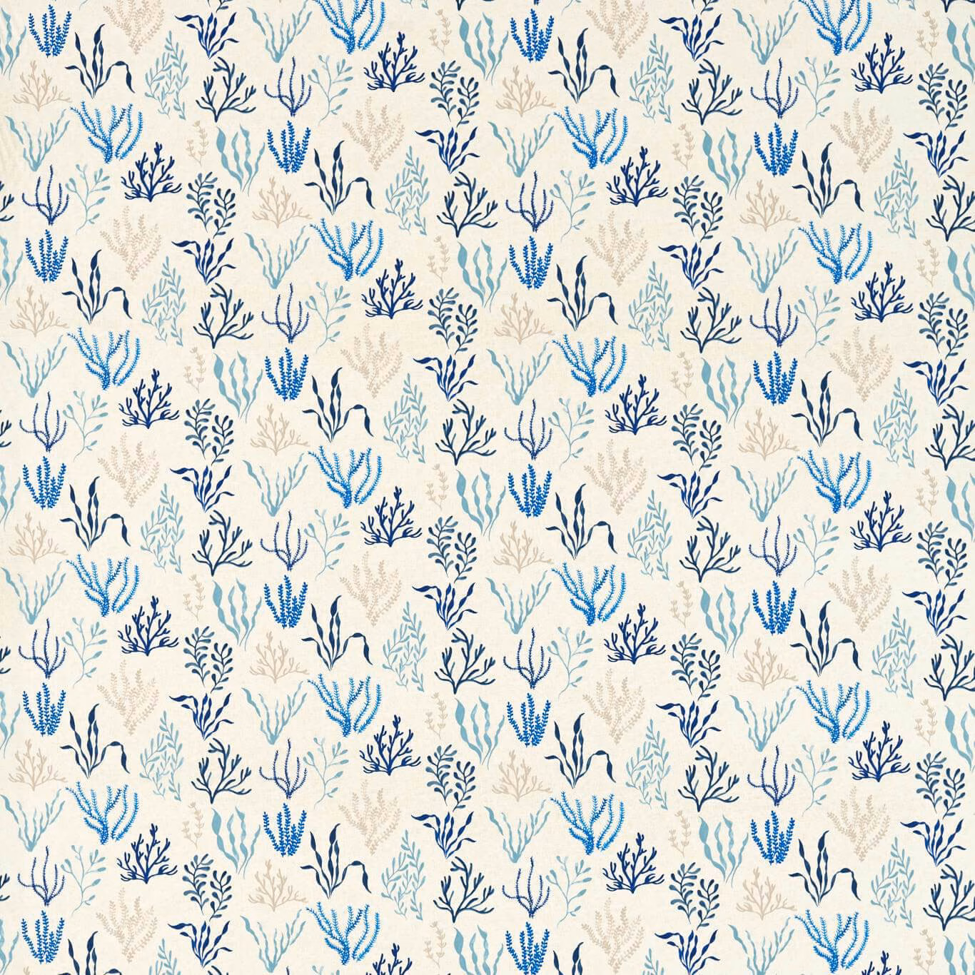 Ivory fabric with repeating navy, turquoise and beige coral-like botanical motifs