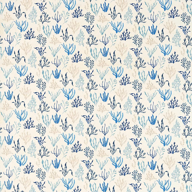 Ivory fabric with repeating navy, turquoise and beige coral-like botanical motifs