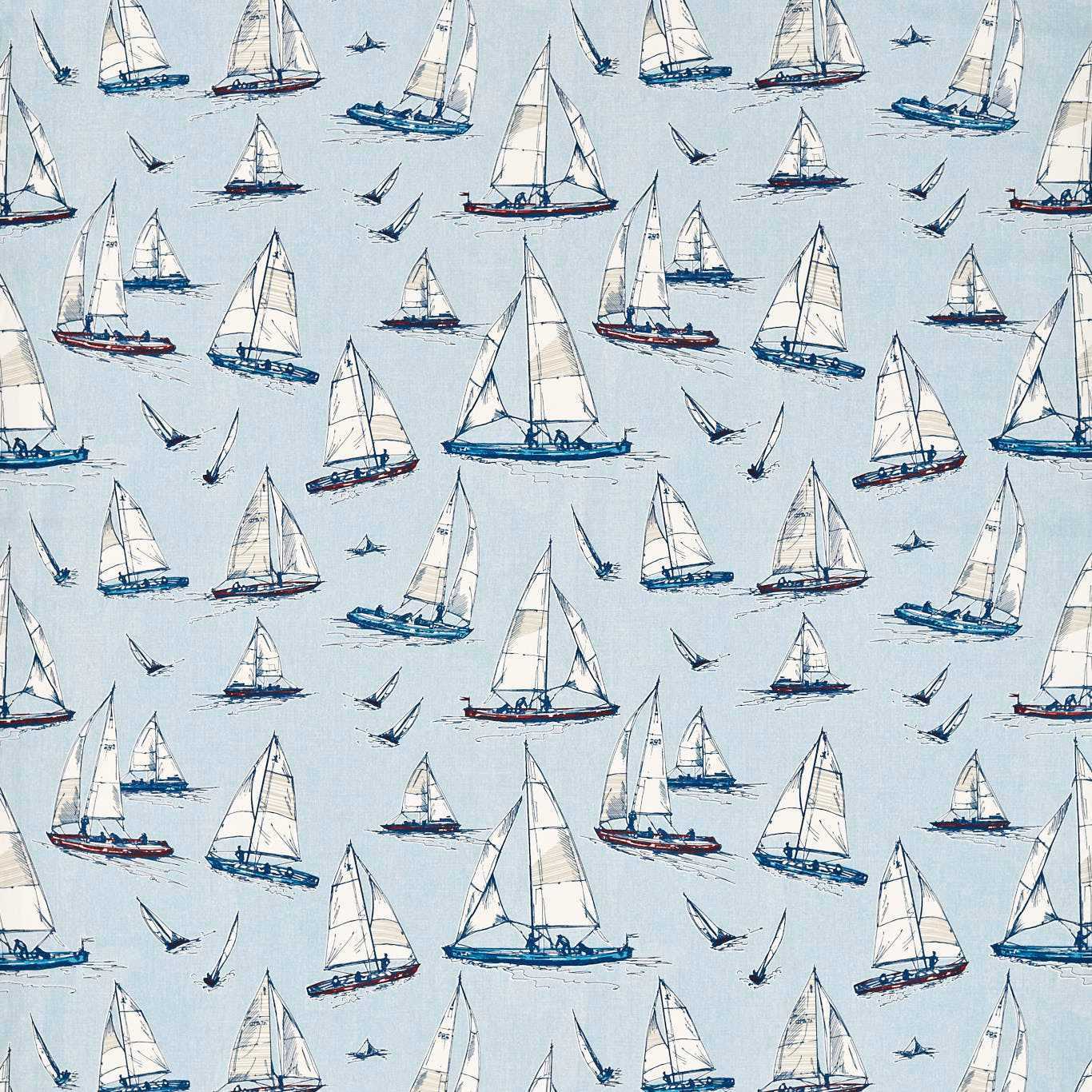 Pale blue fabric with white-sailed boats, navy hulls, red accents and flying seabirds