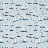 Pale blue fabric with white-sailed boats, navy hulls, red accents and flying seabirds