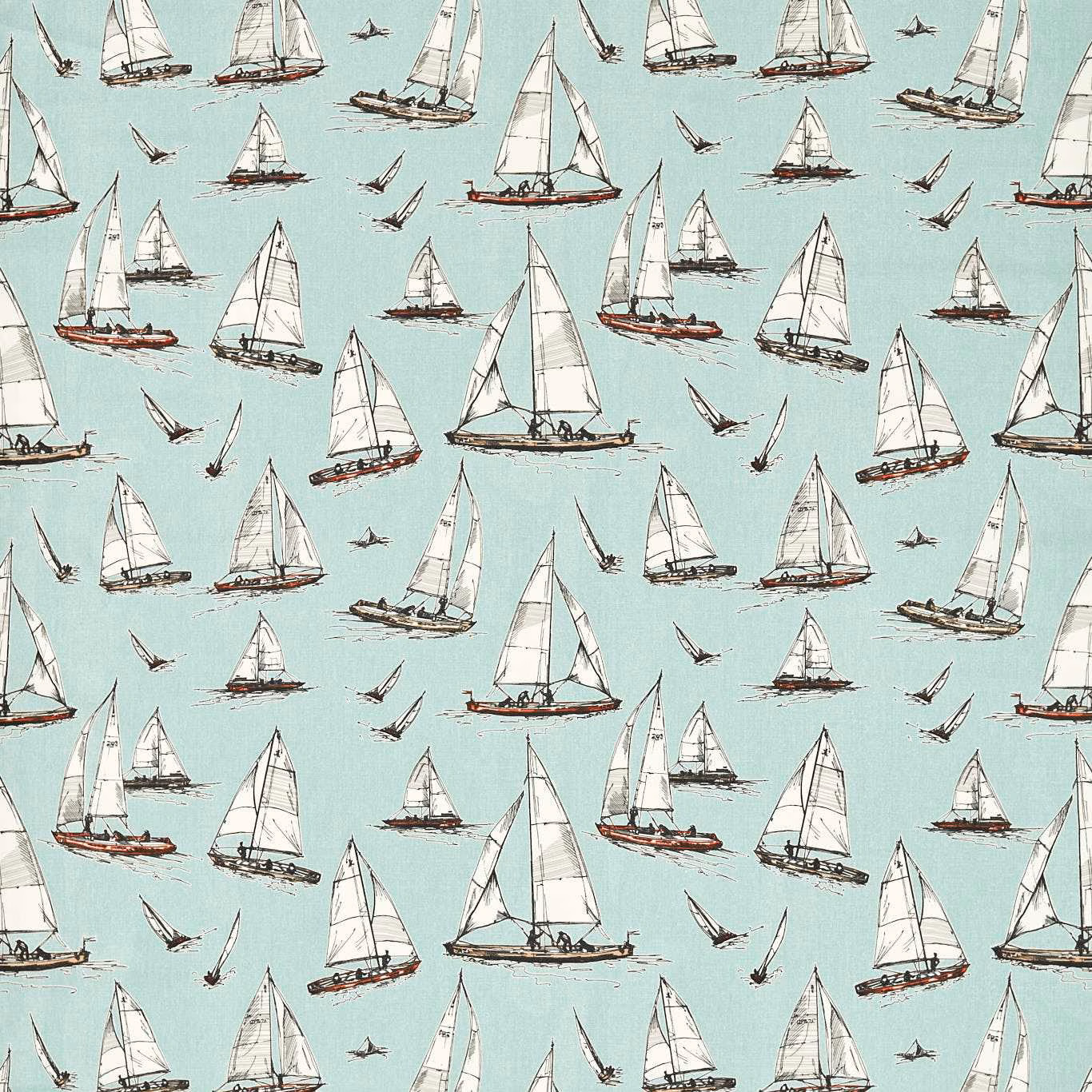 Pale mineral-aqua fabric with white sailing yachts, red-brown hulls and flying seabirds