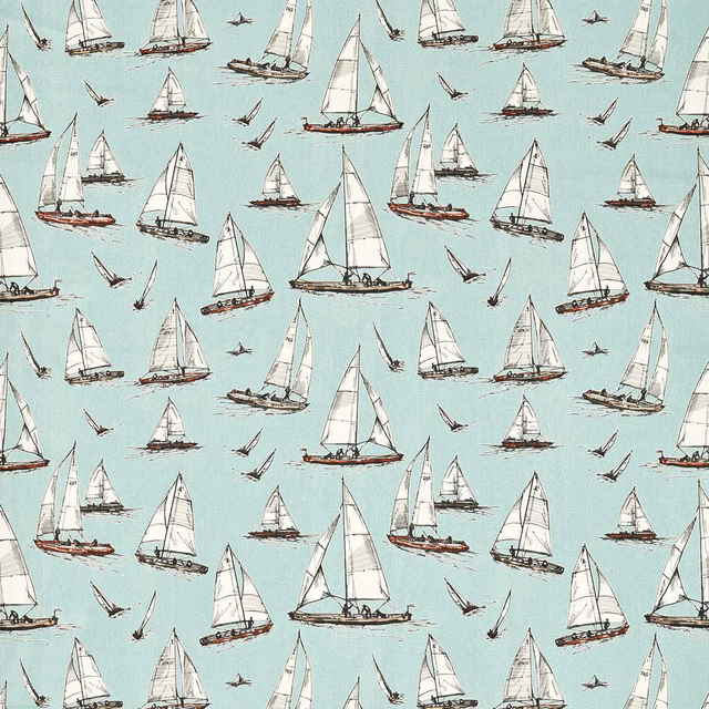 Pale mineral-aqua fabric with white sailing yachts, red-brown hulls and flying seabirds