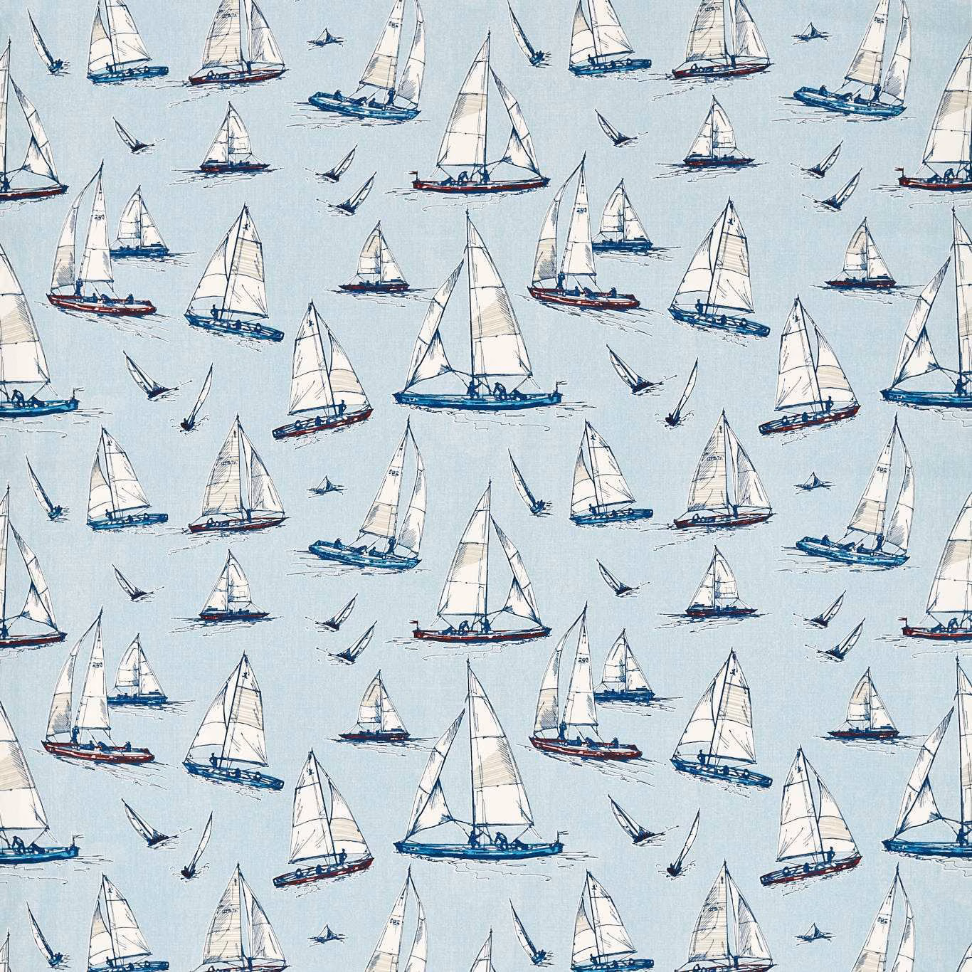 Pale marine-blue fabric with illustrated white sailing yachts, seabirds and fine linear texture