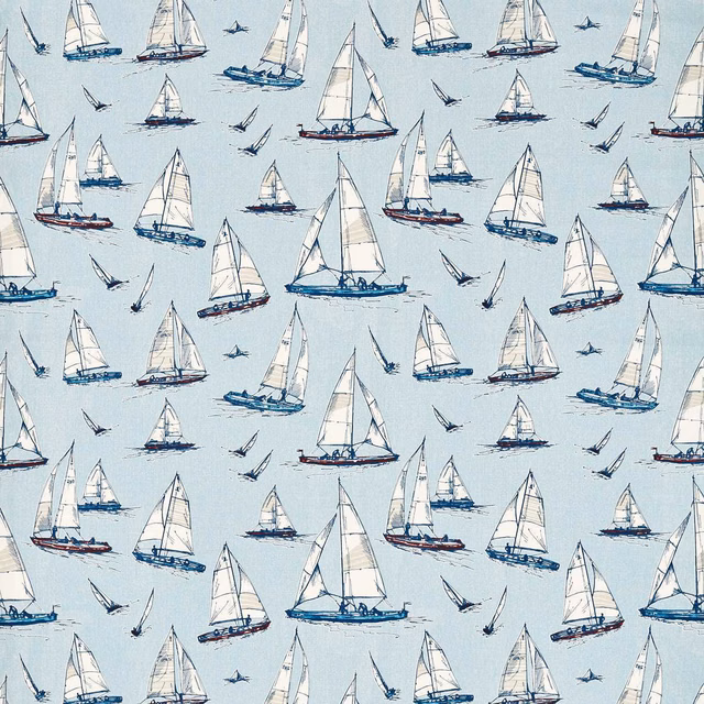 Pale marine-blue fabric with illustrated white sailing yachts, seabirds and fine linear texture
