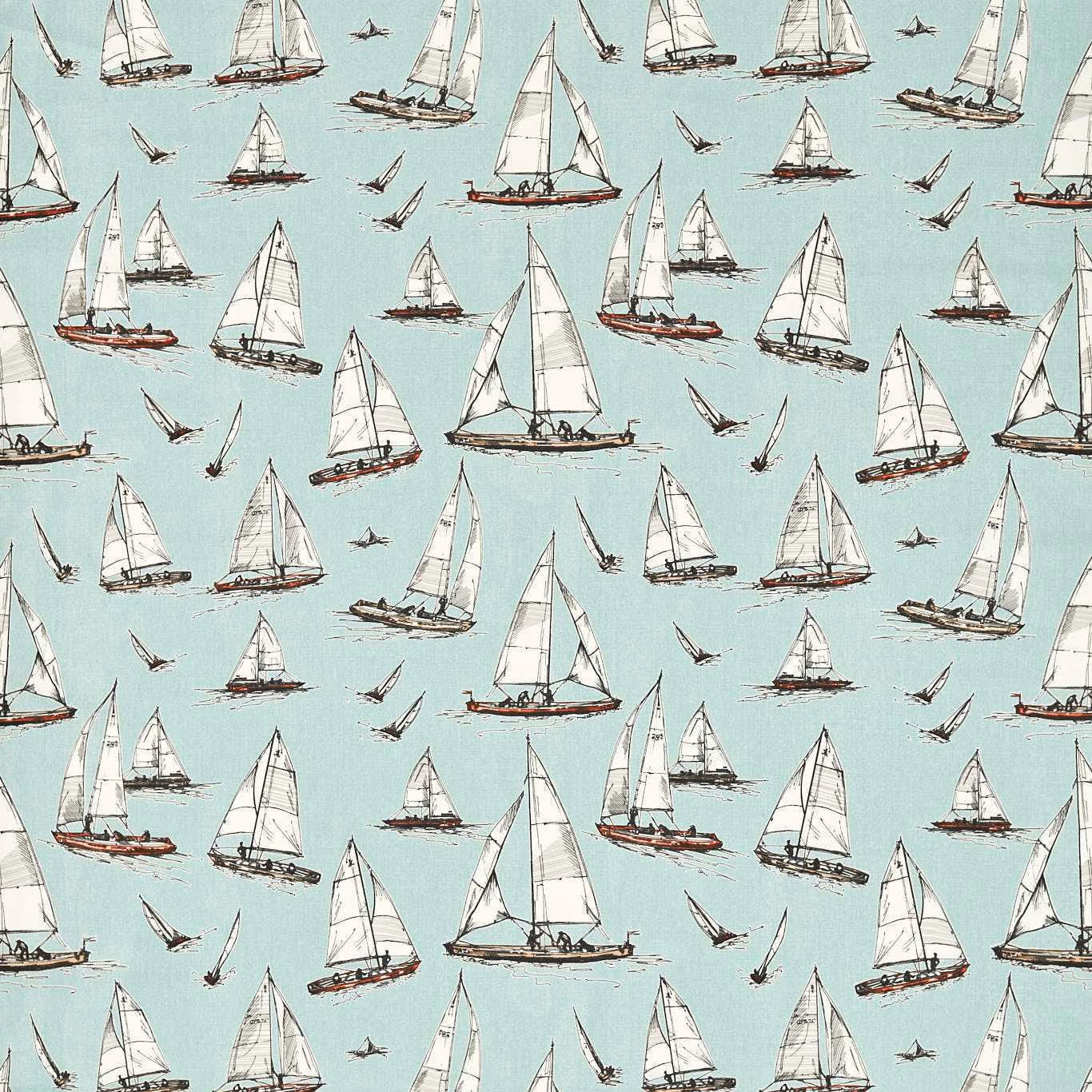 Mineral aqua sailing boat print with cream sails and dark sketch lines