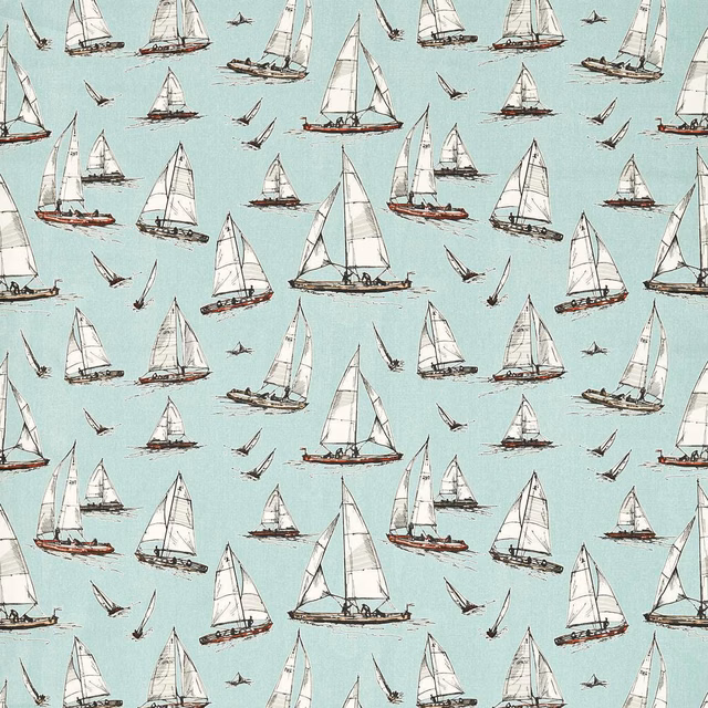 Mineral aqua sailing boat print with cream sails and dark sketch lines
