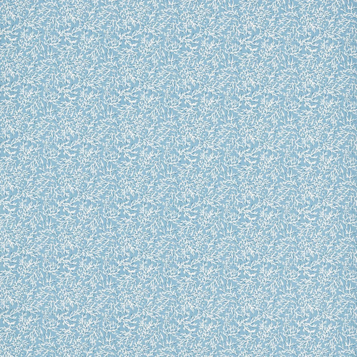 Muted sky-blue fabric with dense white coral-like branching motifs and a fine textured surface