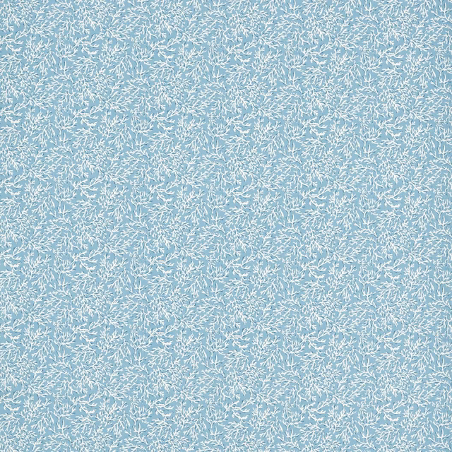Muted sky-blue fabric with dense white coral-like branching motifs and a fine textured surface
