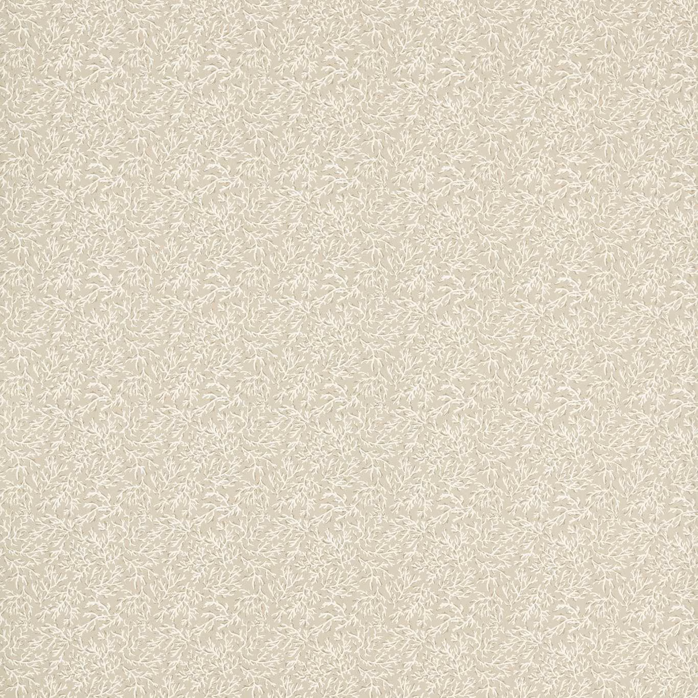 Warm beige woven fabric with a fine ivory branching seabed motif in close-up