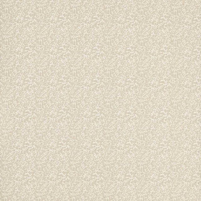 Warm beige woven fabric with a fine ivory branching seabed motif in close-up