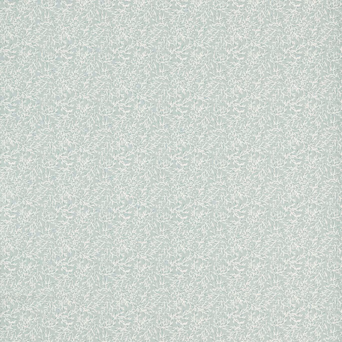 Pale mineral seafoam fabric with dense white branching seabed sprigs