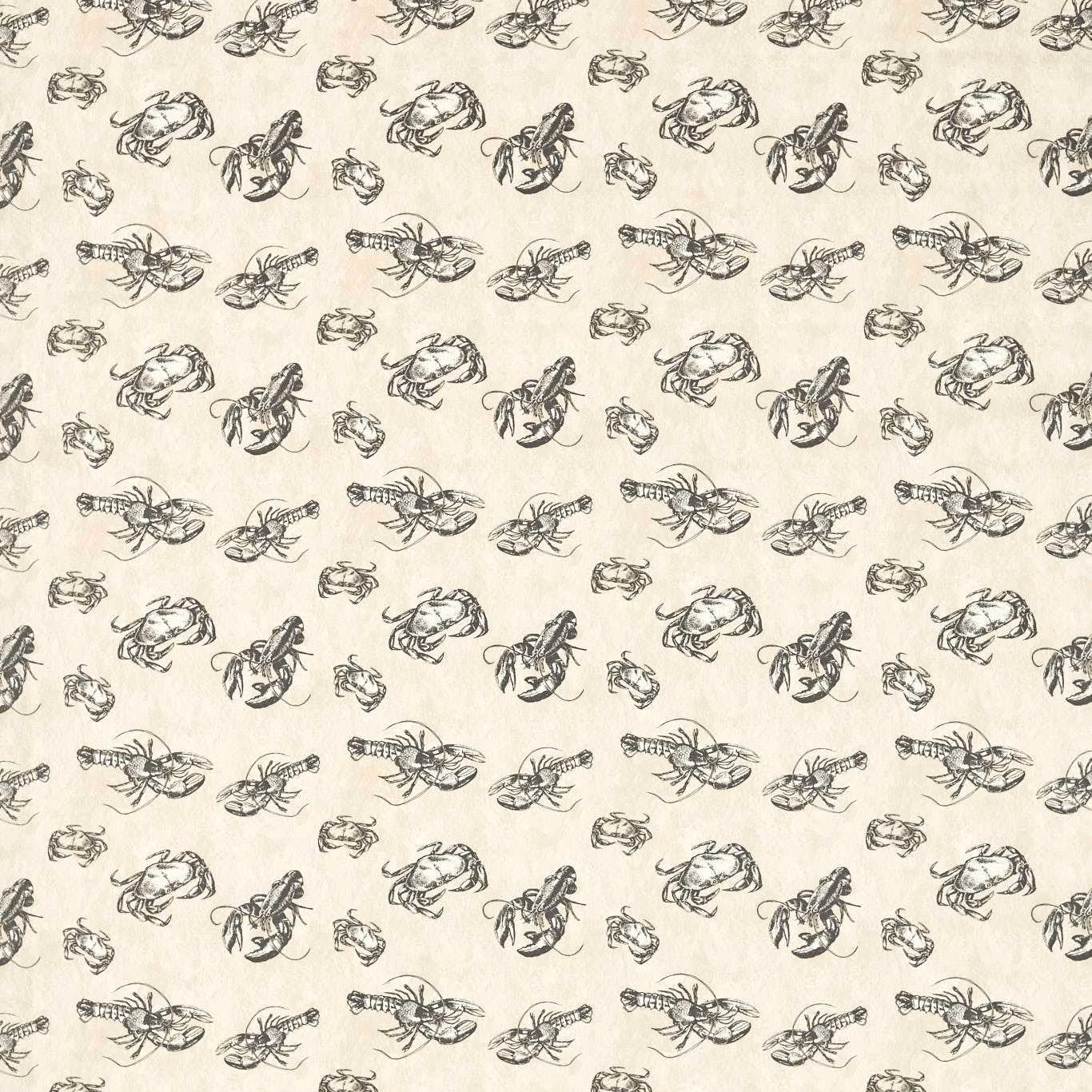 Warm ivory fabric with repeating charcoal lobster, crab and shellfish sketches