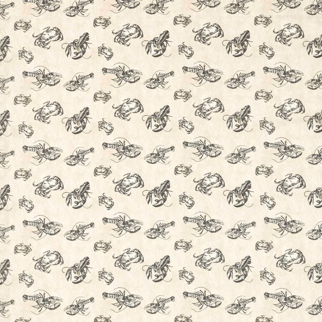 Warm ivory fabric with repeating charcoal lobster, crab and shellfish sketches