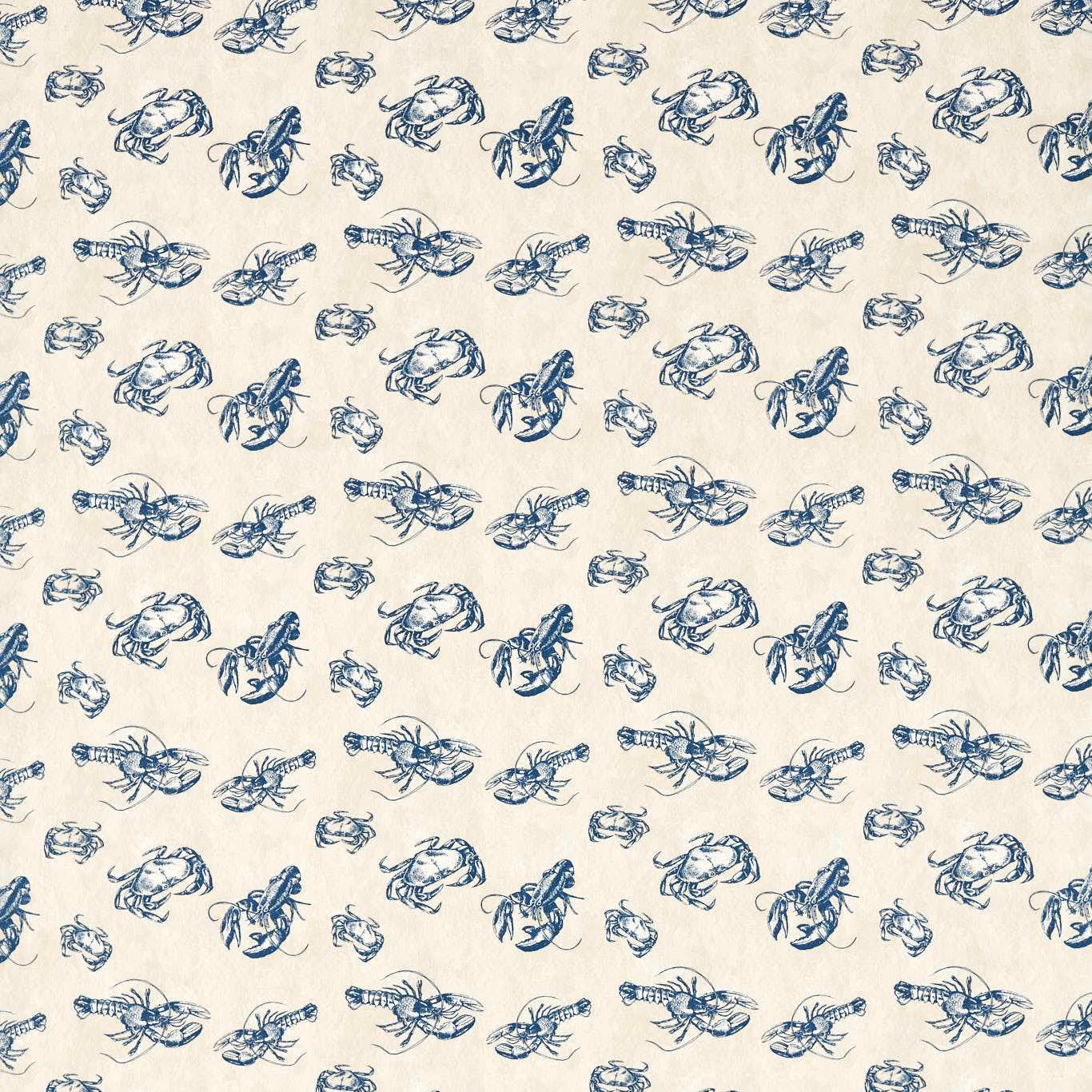 Ink-blue lobster, crab and prawn sketches scattered across a shell-cream ground