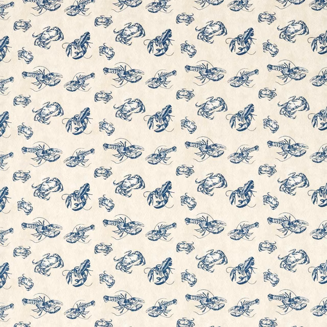 Ink-blue lobster, crab and prawn sketches scattered across a shell-cream ground