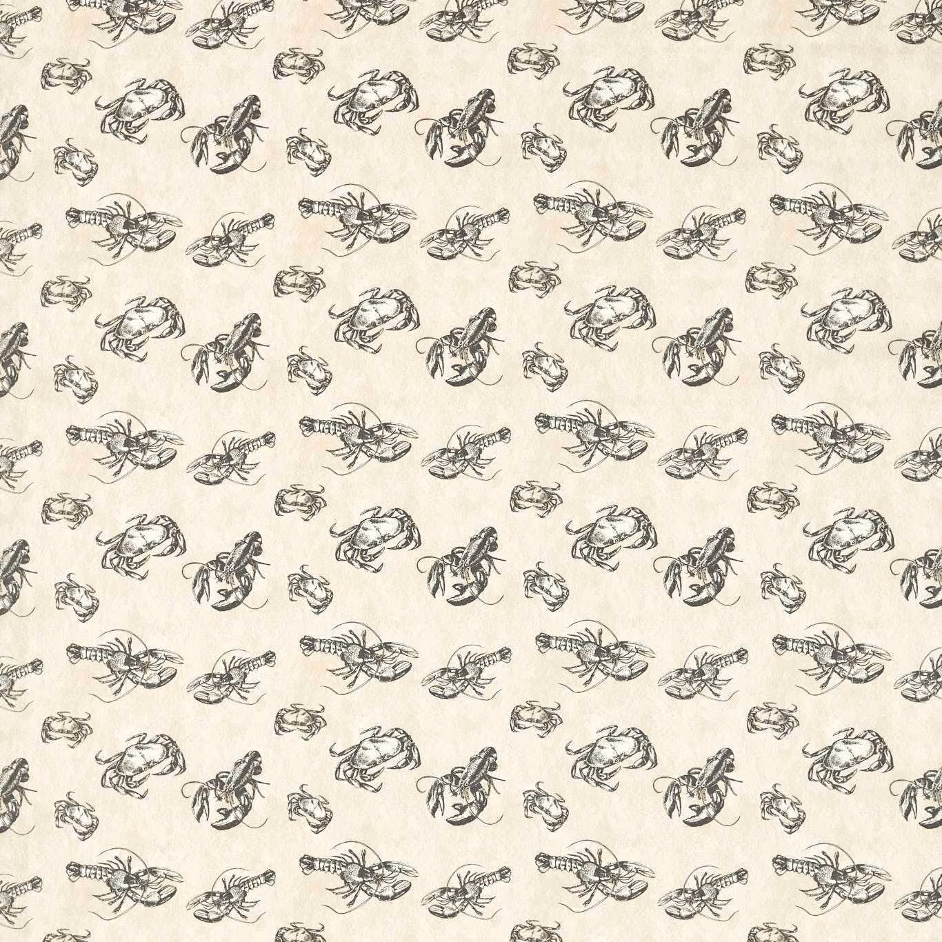 Charcoal lobster, crab and prawn sketches repeating across a cream textile ground
