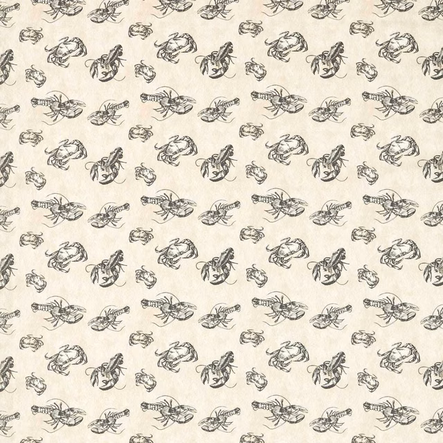 Charcoal lobster, crab and prawn sketches repeating across a cream textile ground