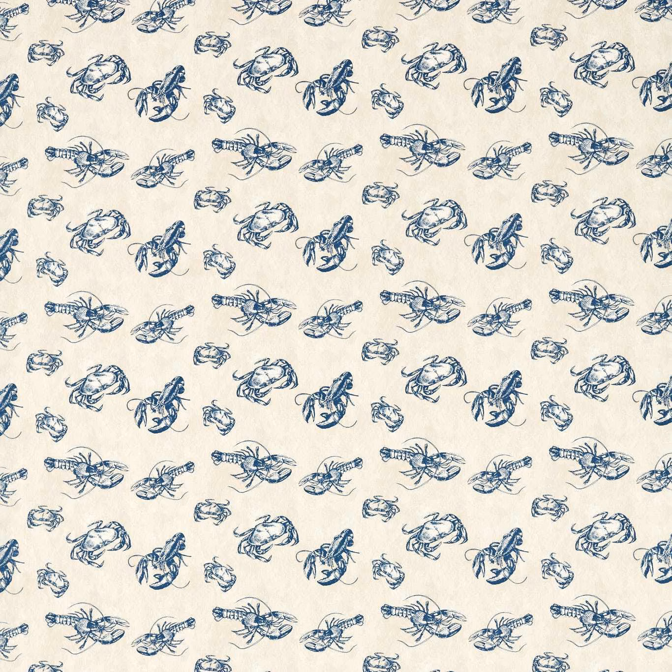 Ink-blue lobster and shellfish sketches scattered across a warm cream textile