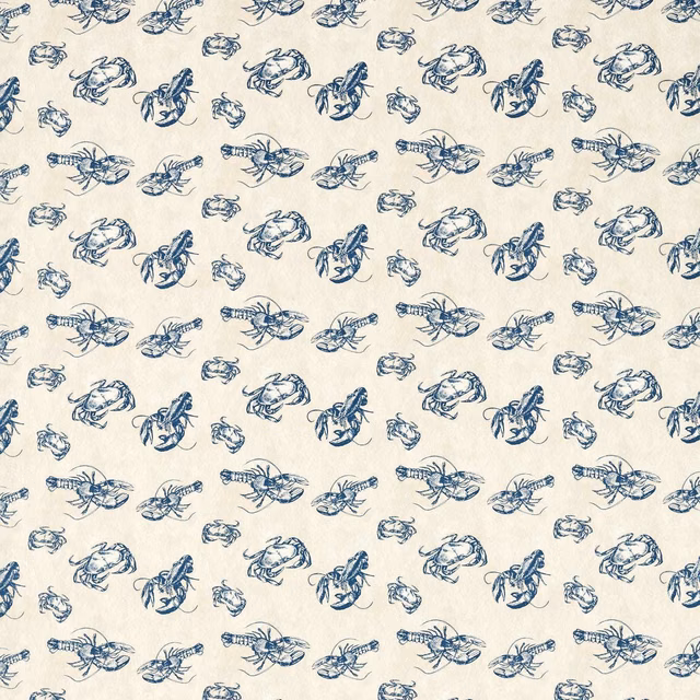 Ink-blue lobster and shellfish sketches scattered across a warm cream textile
