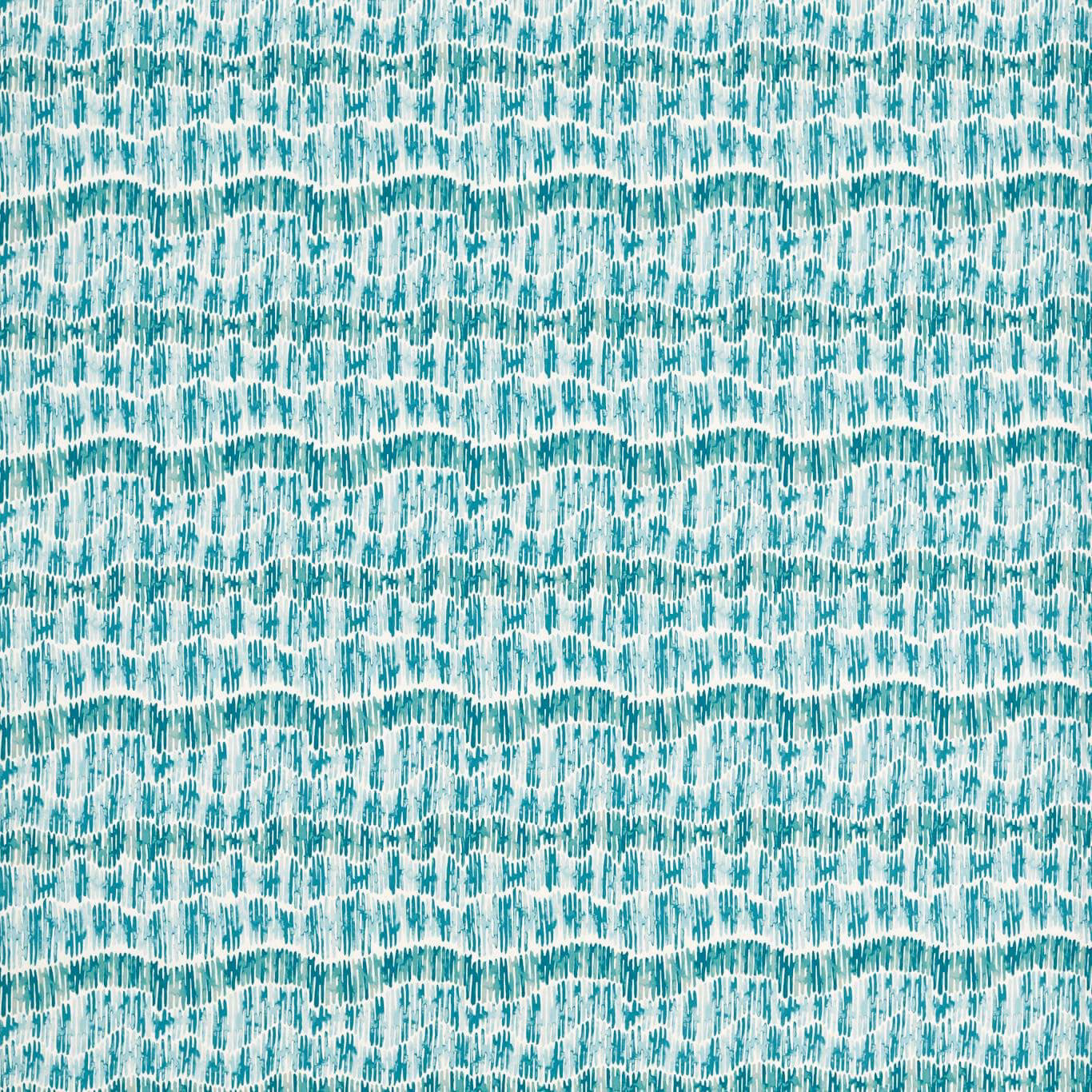 Teal and white woven textile with irregular dashes and softly rippling bands