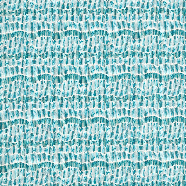 Teal and white woven textile with irregular dashes and softly rippling bands