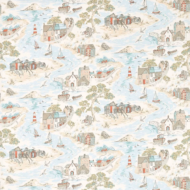 Pale mineral-blue coastal scene with boats, cottages, lighthouses and leafy trees