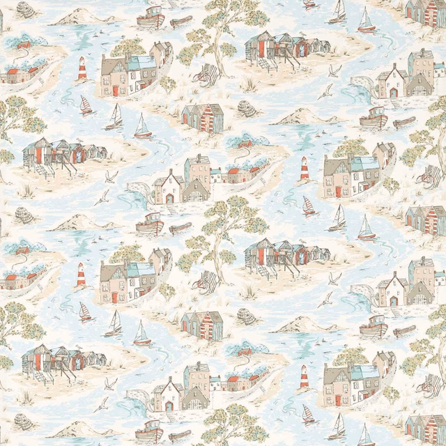Pale aqua coastal village scene with cream ground, muted red boats and leafy trees