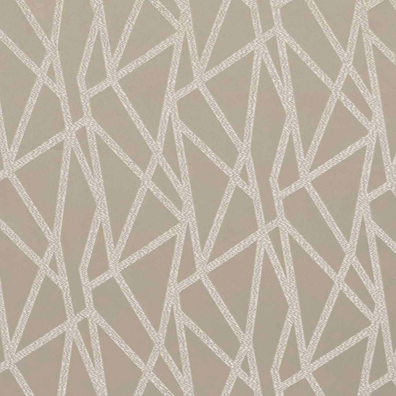Muted taupe upholstery with ivory interlocking angular lines and a tactile woven texture