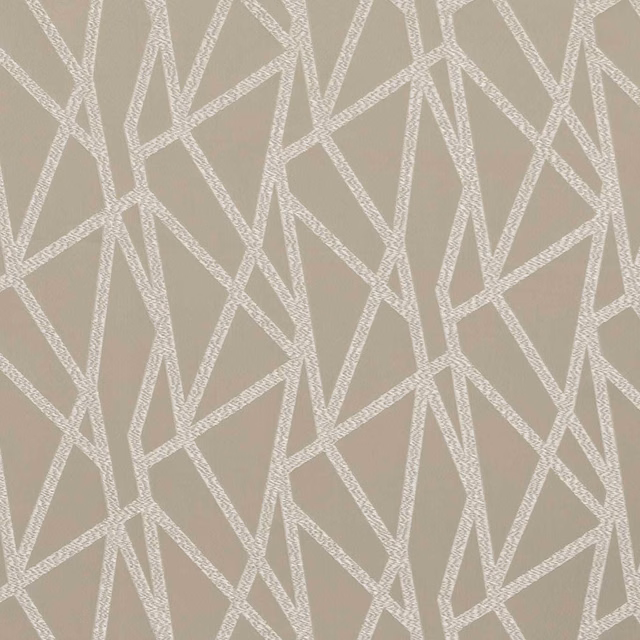 Muted taupe upholstery with ivory interlocking angular lines and a tactile woven texture