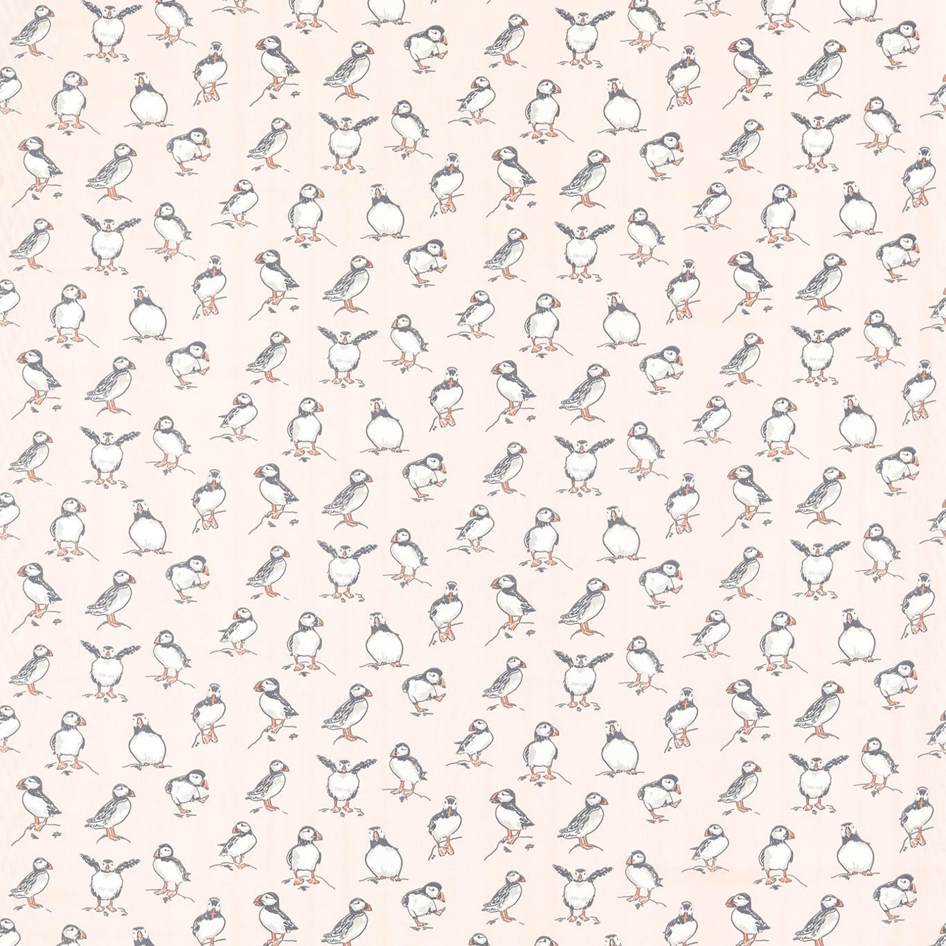 Pale blush fabric with repeated charcoal and blue-grey illustrated birds