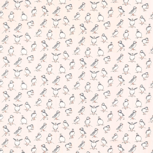 Pale blush fabric with repeated charcoal and blue-grey illustrated birds