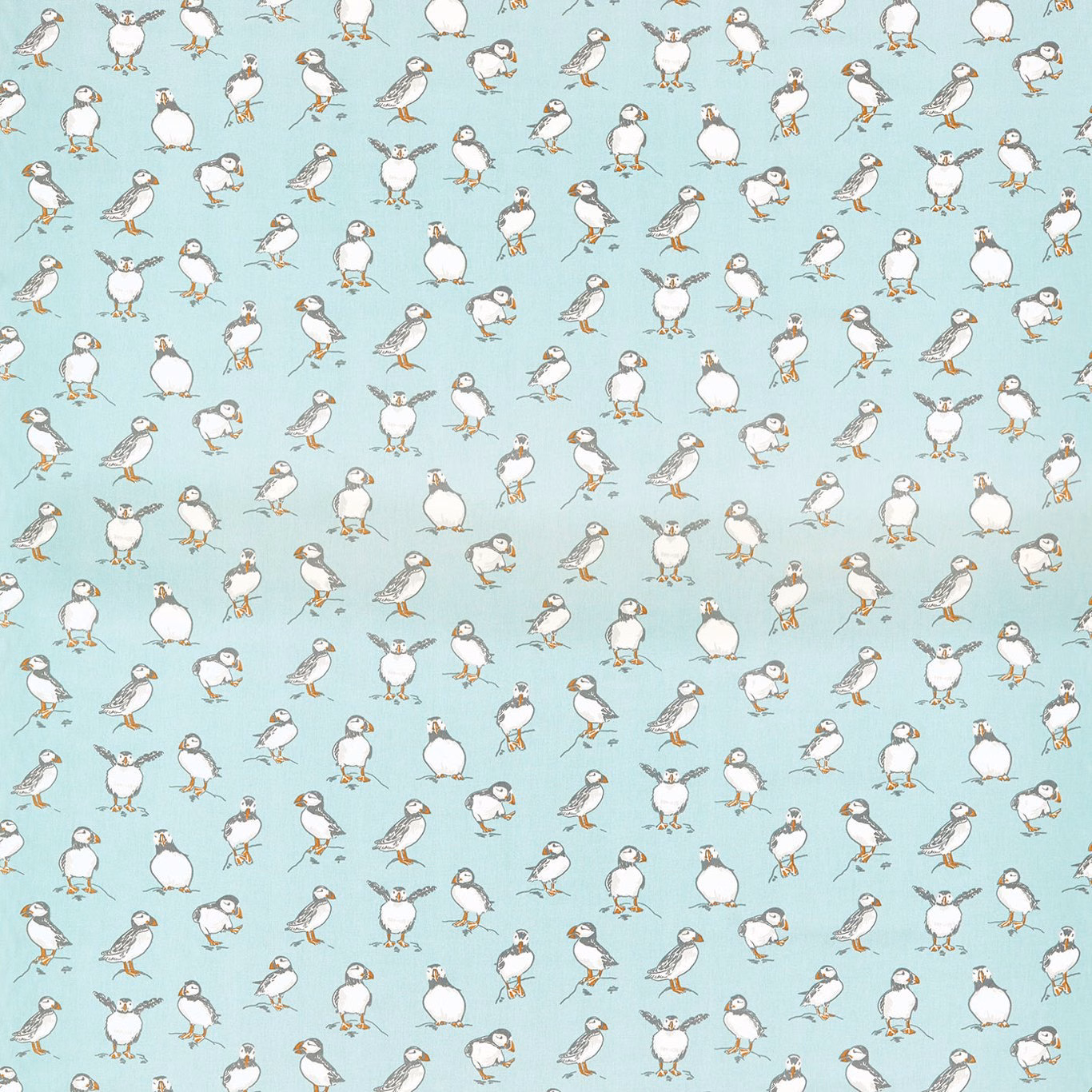 Pale aqua fabric covered with repeating puffins and small seabirds