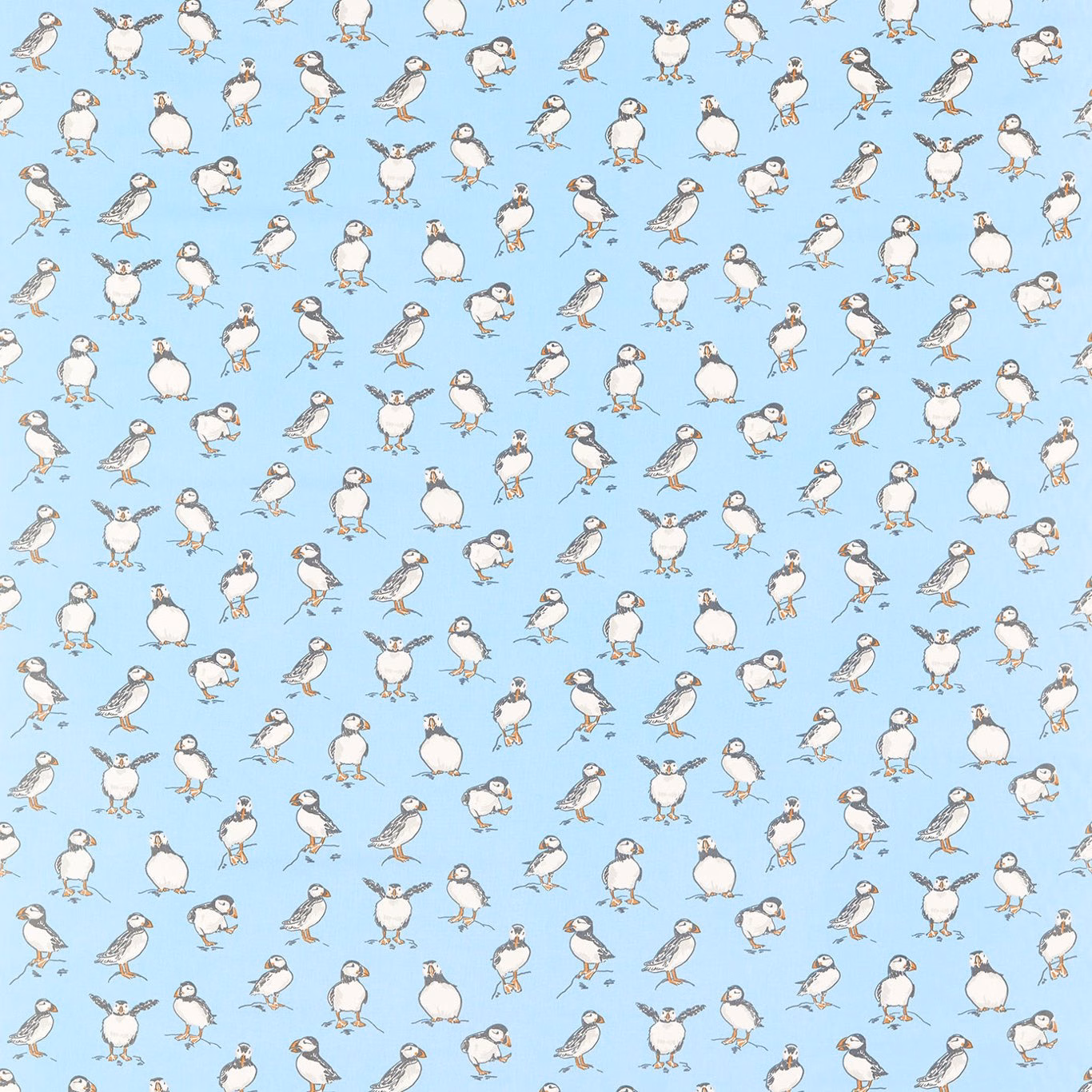 Powder-blue fabric with small white and grey illustrated seabirds in a repeating pattern