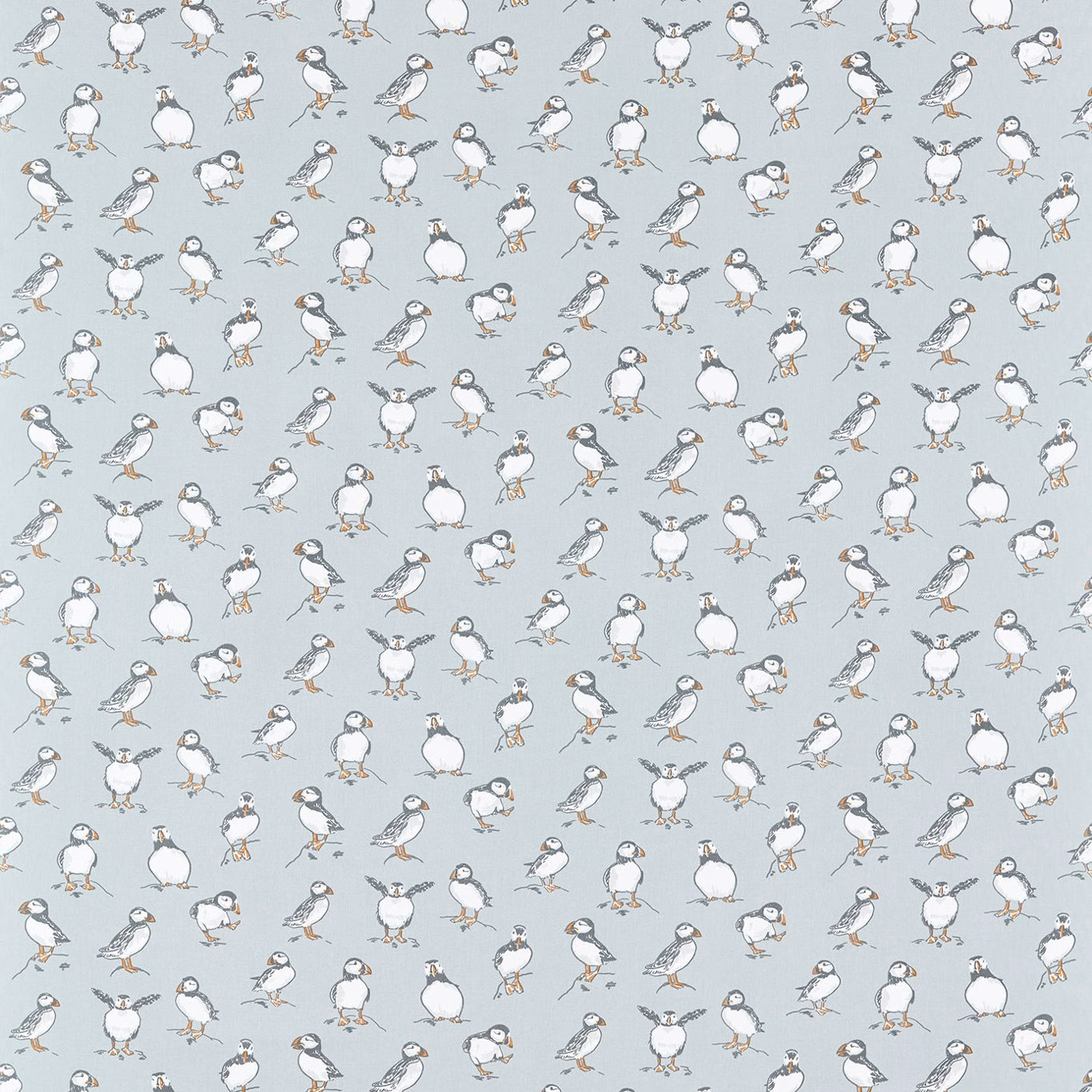 Muted blue-grey fabric with repeating white puffins and charcoal seabird details