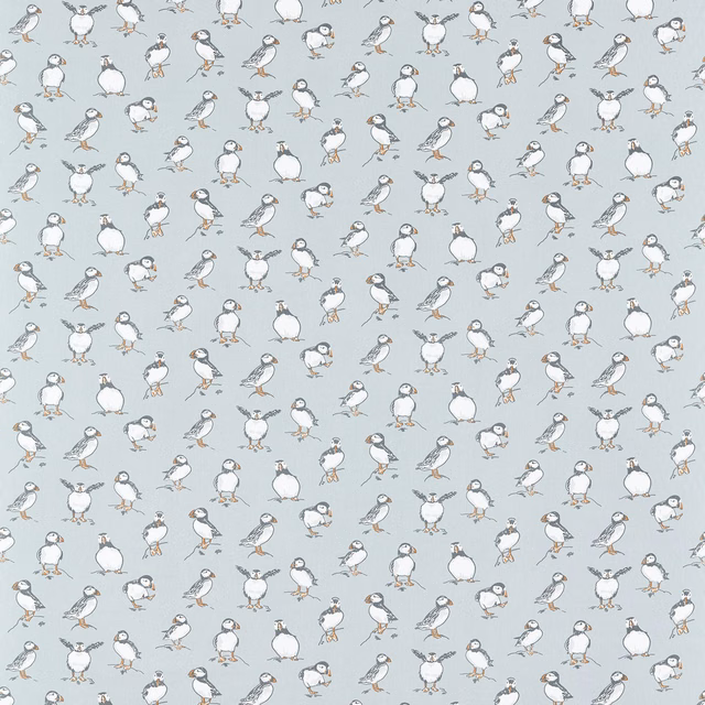 Muted blue-grey fabric with repeating white puffins and charcoal seabird details