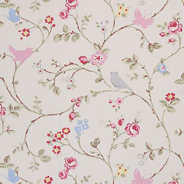 Ivory floral fabric with grey birds, pink blossoms and winding branches
