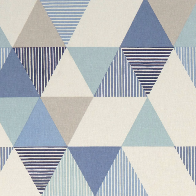 Denim blue, aqua and ivory geometric triangles with striped woven panels