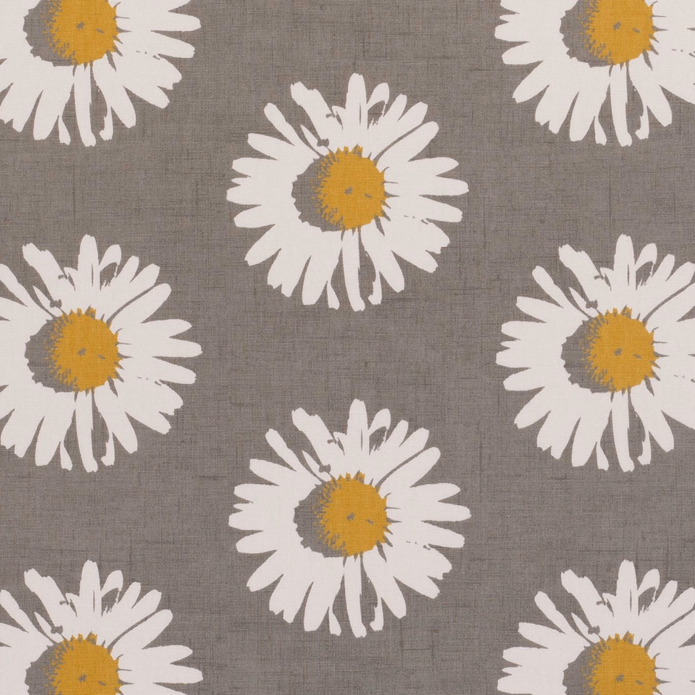 Grey woven fabric with oversized white daisies and yellow-chartreuse centres