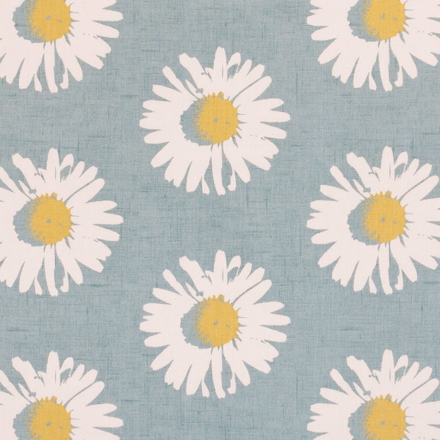Cool mineral-blue woven ground with oversized white daisies and yellow-grey centres