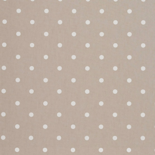 Warm taupe woven ground with evenly spaced ivory-white polka dots