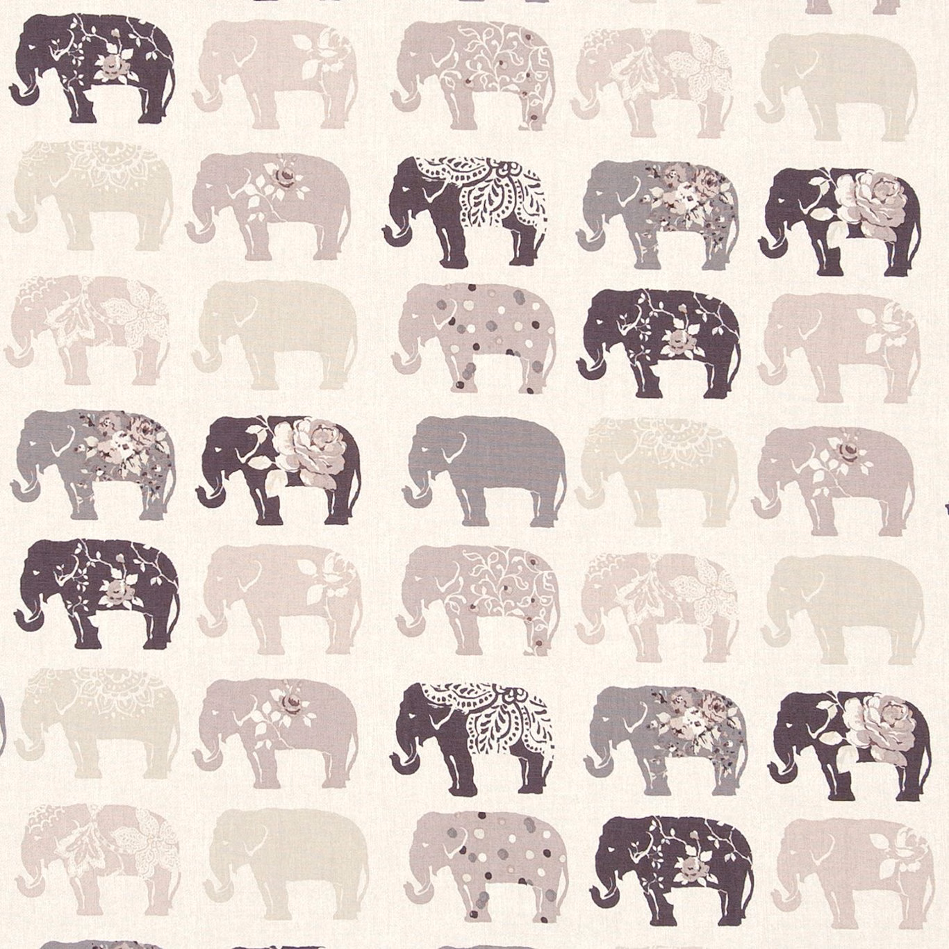 Natural cream elephant fabric with charcoal, taupe and dusty mauve patterned motifs