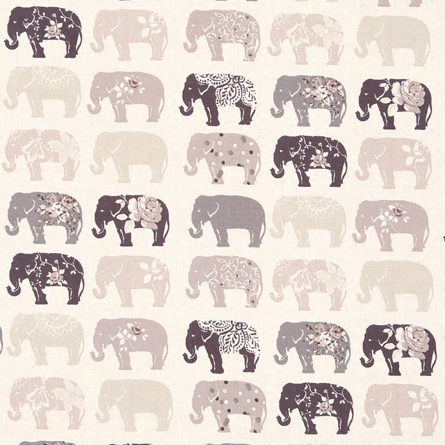 Natural cream elephant fabric with charcoal, taupe and dusty mauve patterned motifs