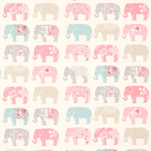 Pastel pink, aqua, grey and beige elephants arranged on a pale ground