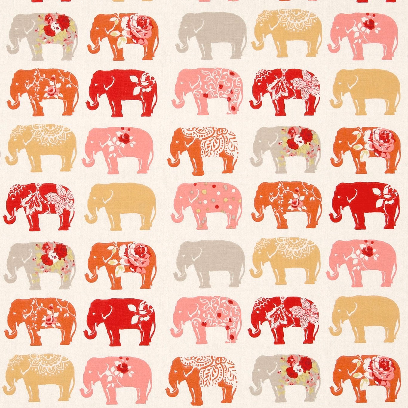 Warm ivory fabric with rows of terracotta, red, pink and mustard elephants