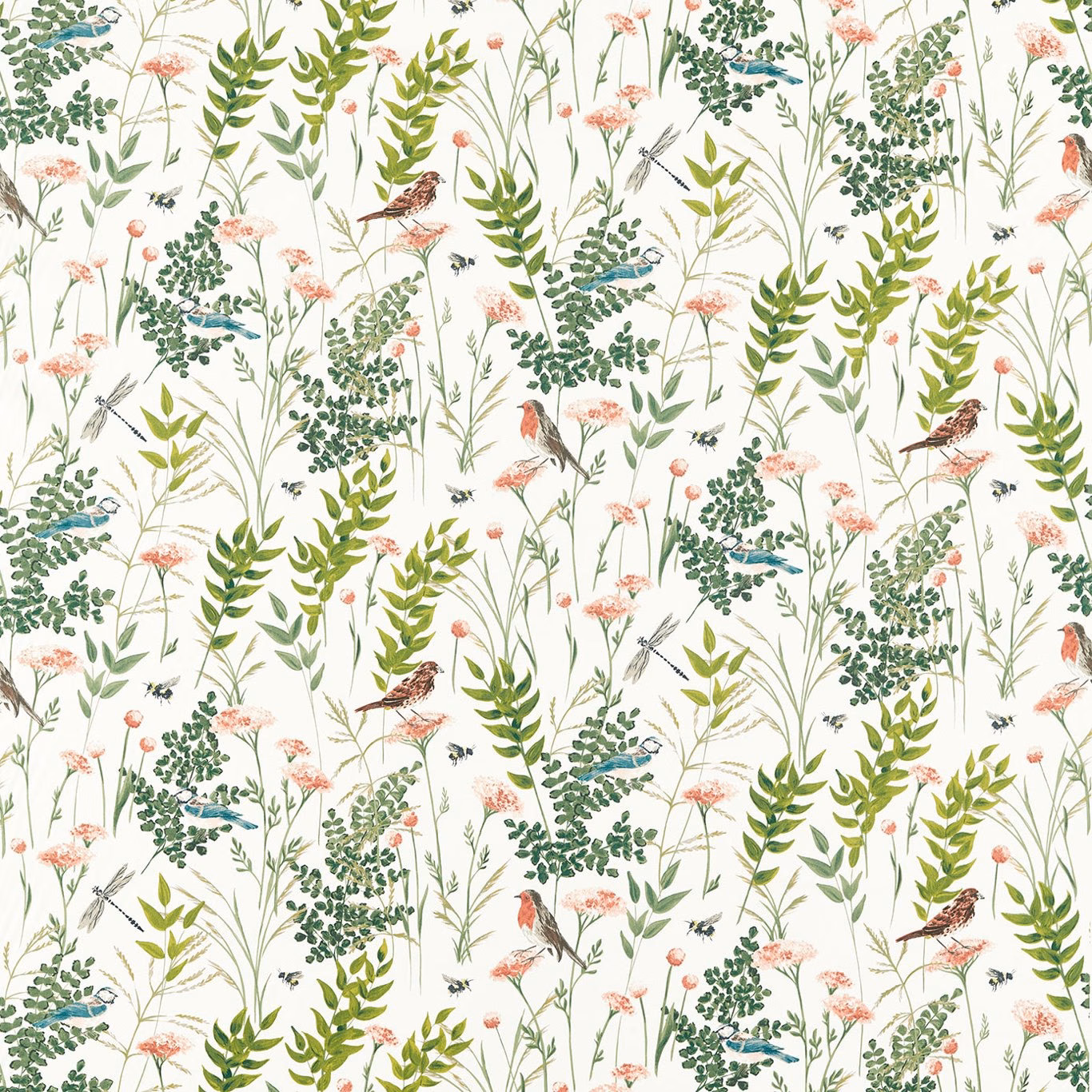 Ivory botanical fabric with sage leaves, blush flowers, blue foliage and perched birds