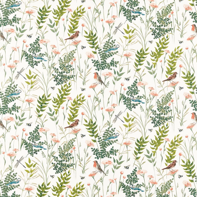 Ivory botanical fabric with sage leaves, blush flowers, blue foliage and perched birds